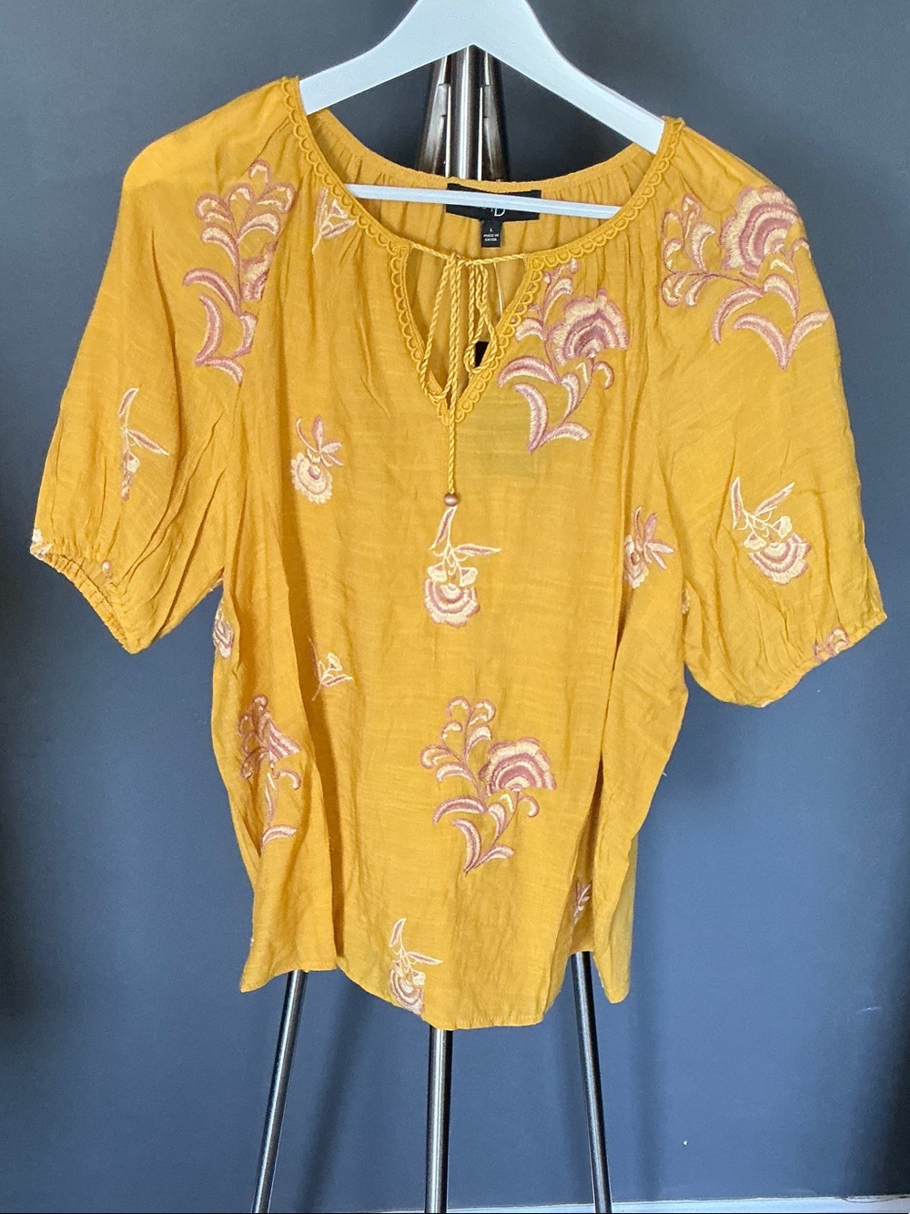 Fred David Mustard Yellow Embroidered Peasant Top with Tassel Tie
